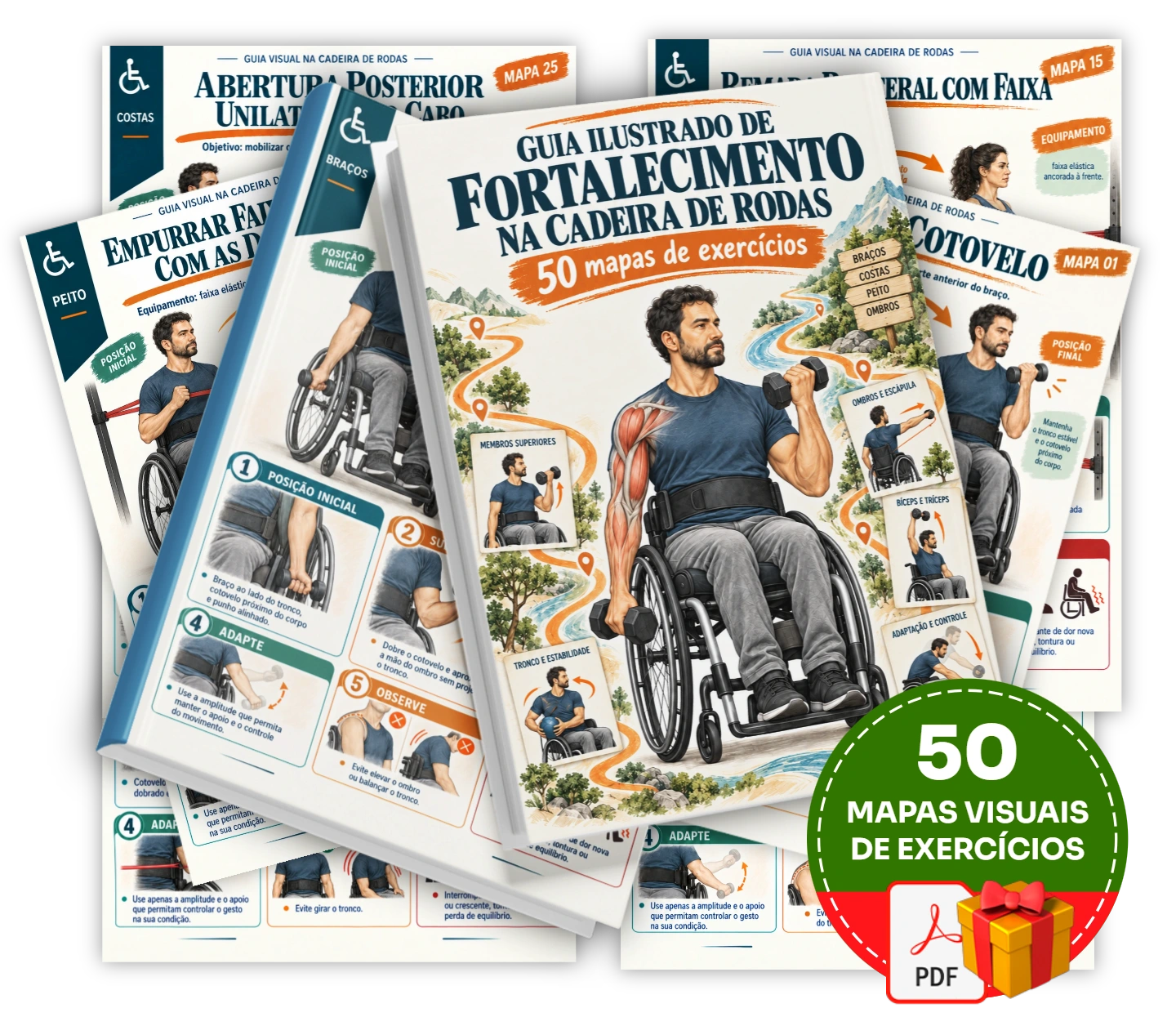 50 mapas visuais de exercícios para explorar o fortalecimento da parte superior do corpo na cadeira de rodas.